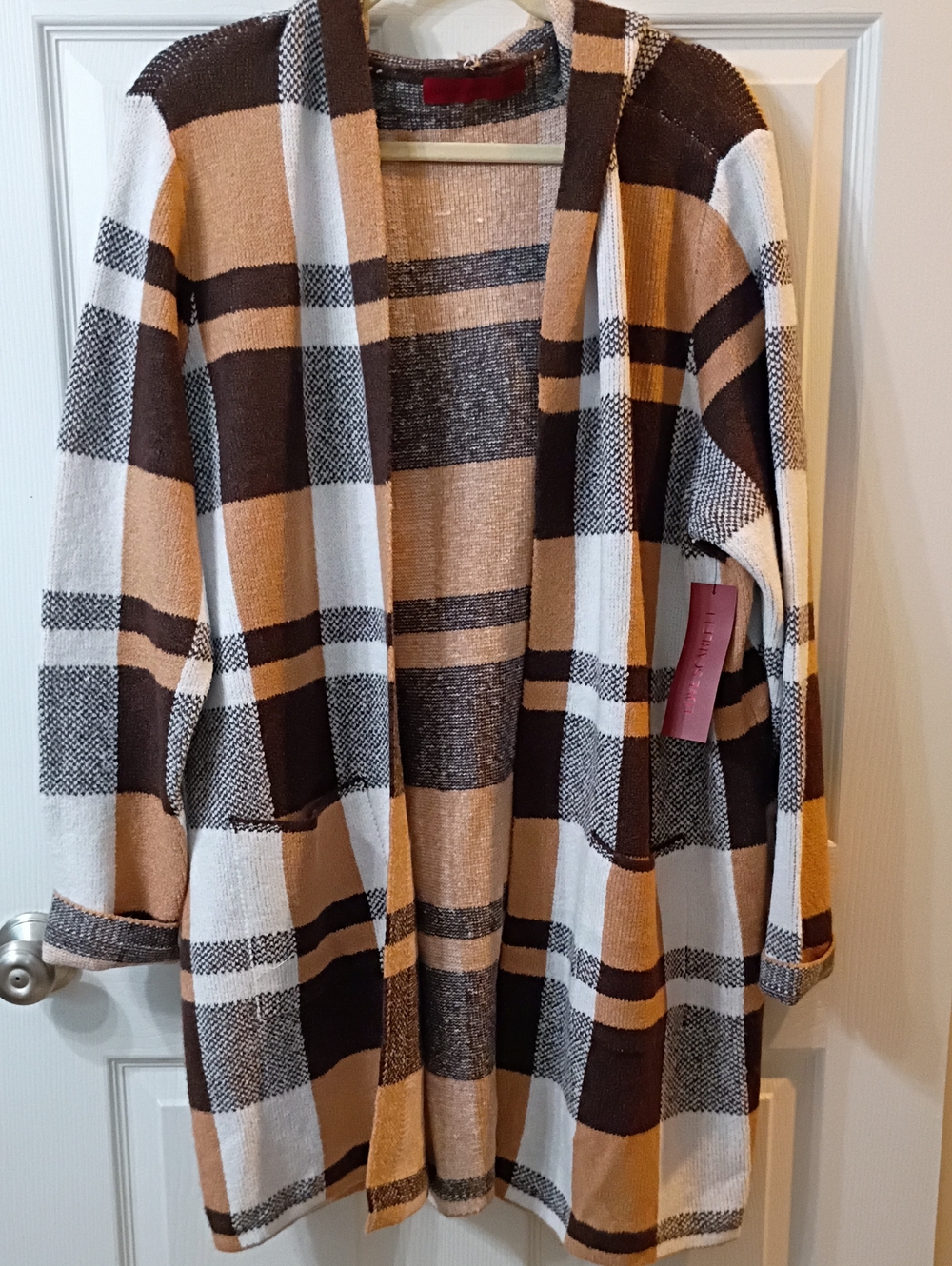 Open-Front Plaid Cardigan in Brown, Cream & Tan